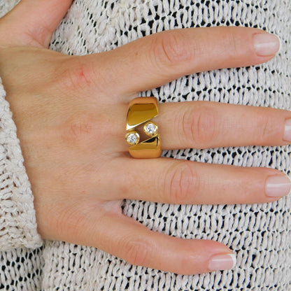Gold Band Ring: Chunky Dome Ring with CZ Solitaire