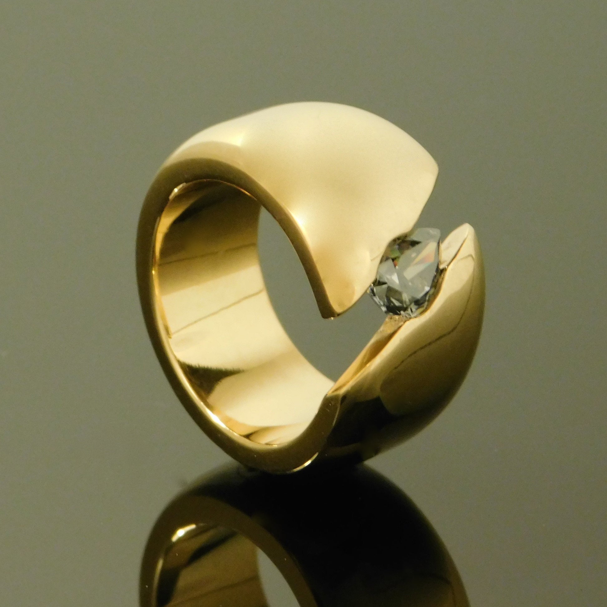 Wide Band Gray Moissanite Ring: Gold Dome Tension Setting