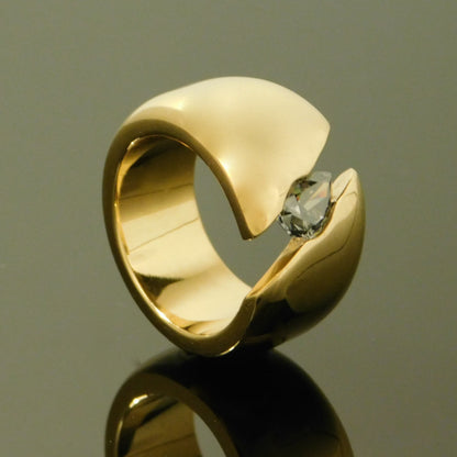 Wide Band Gray Moissanite Ring: Gold Dome Tension Setting