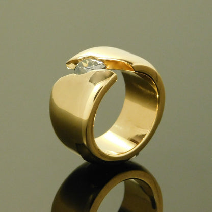 Wide Band Gray Moissanite Ring: Gold Dome Tension Setting