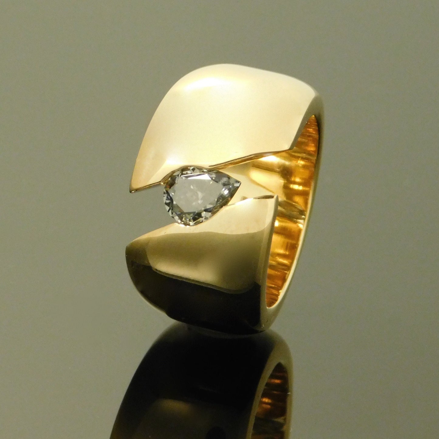 Wide Band Gray Moissanite Ring: Gold Dome Tension Setting