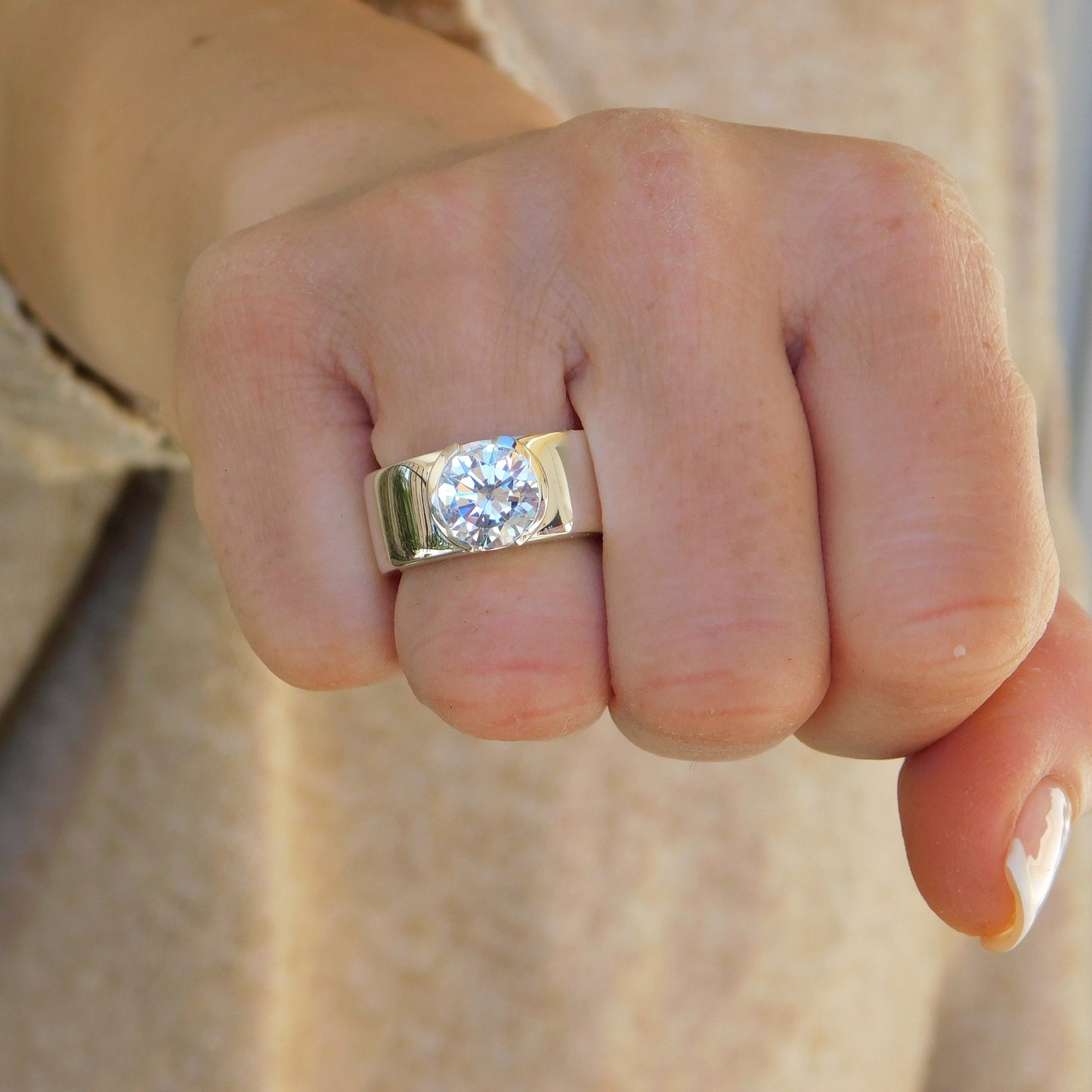 Moissanite Ring: Engagement Ring For Women, AG950 Silver Band, Half Bezel Setting