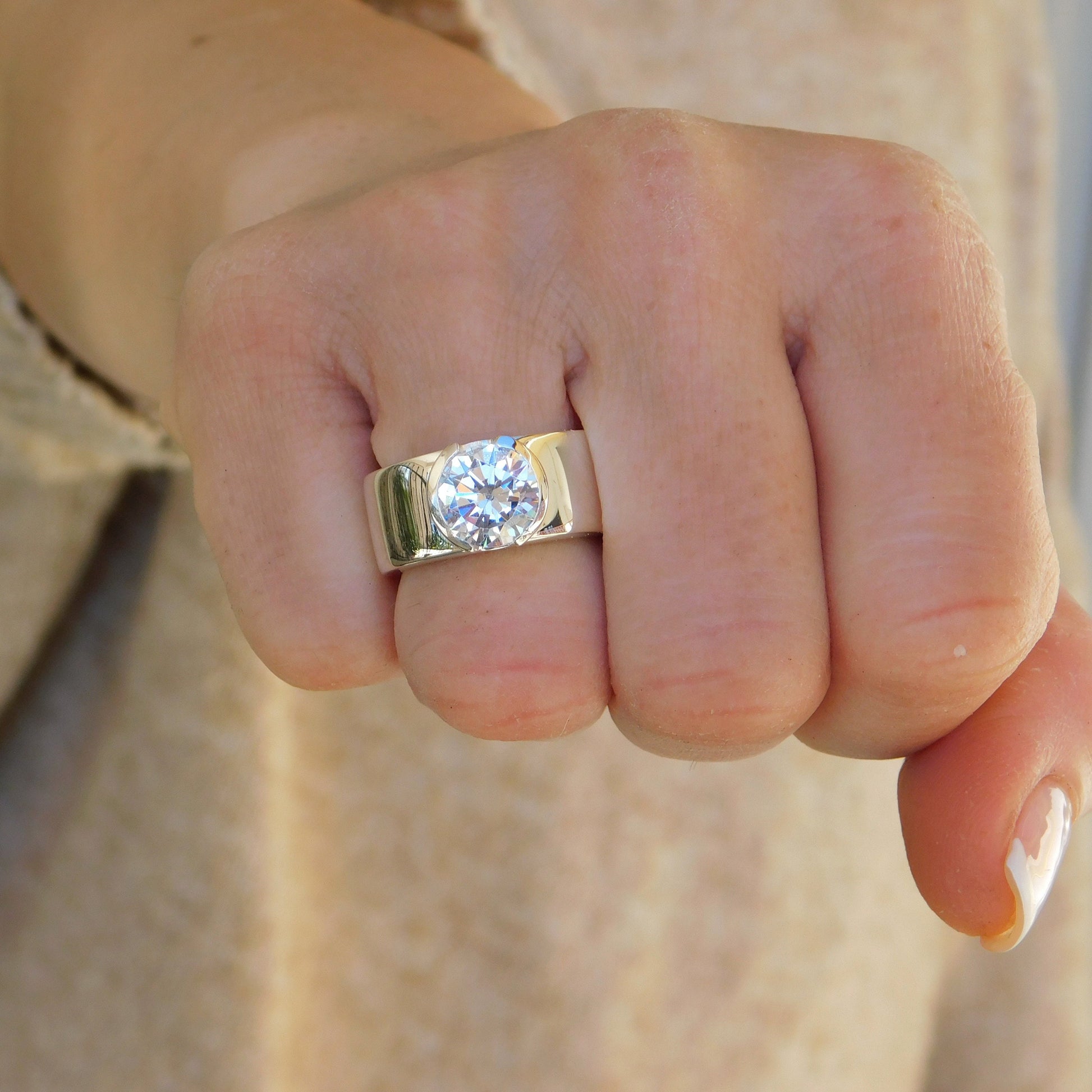 Moissanite Ring: Engagement Ring For Women, AG950 Silver Band, Half Bezel Setting