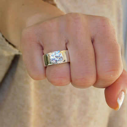 Moissanite Ring: Engagement Ring For Women, AG950 Silver Band, Half Bezel Setting
