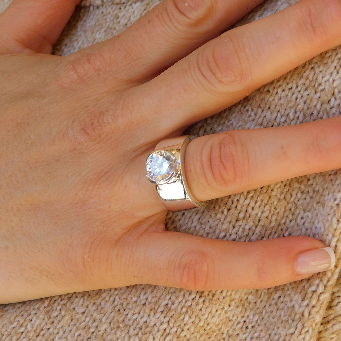 Moissanite Ring: Engagement Ring For Women, AG950 Silver Band, Half Bezel Setting