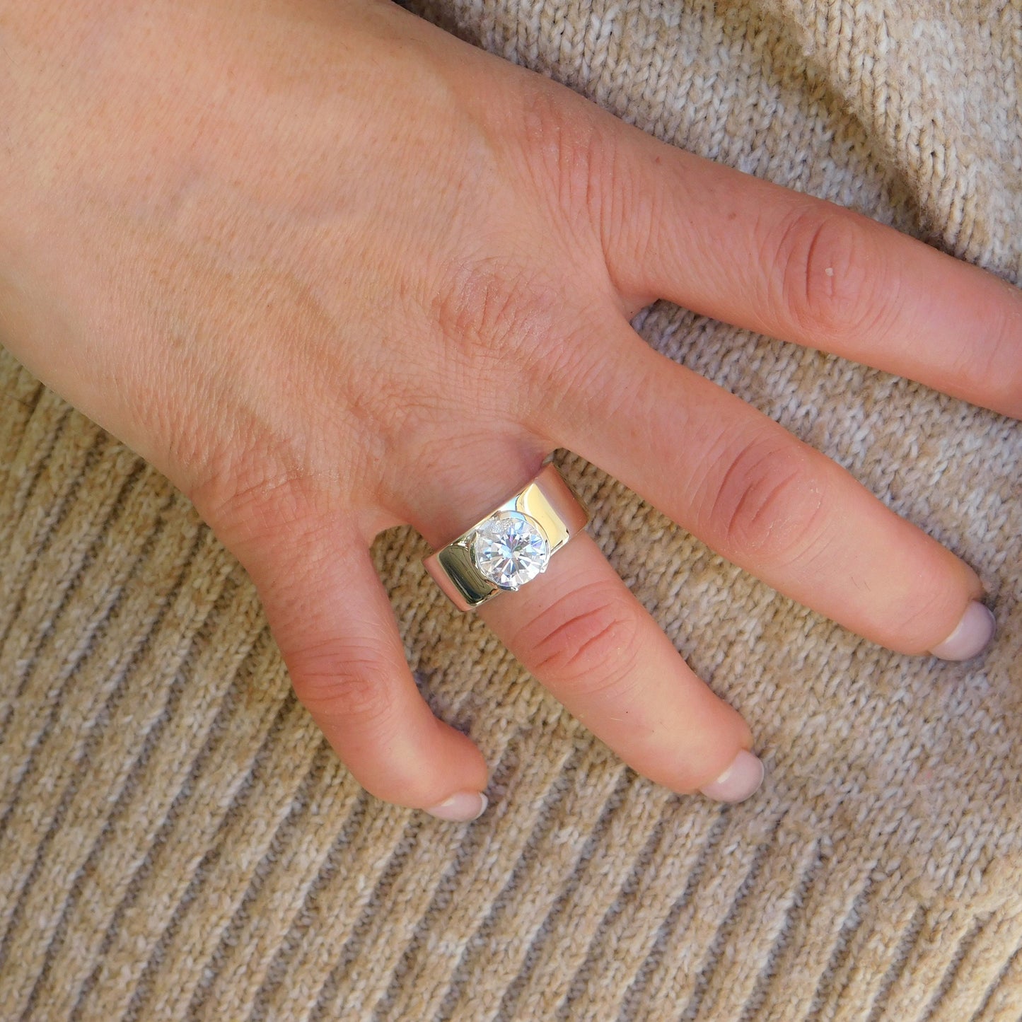 Moissanite Ring: Engagement Ring For Women, AG950 Silver Band, Half Bezel Setting