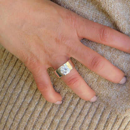 Moissanite Ring: Engagement Ring For Women, AG950 Silver Band, Half Bezel Setting