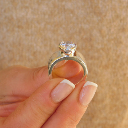 Moissanite Ring: Engagement Ring For Women, AG950 Silver Band, Half Bezel Setting