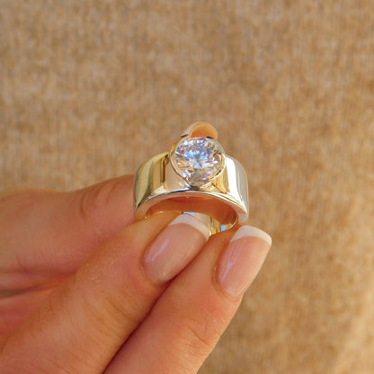 Moissanite Ring: Engagement Ring For Women, AG950 Silver Band, Half Bezel Setting