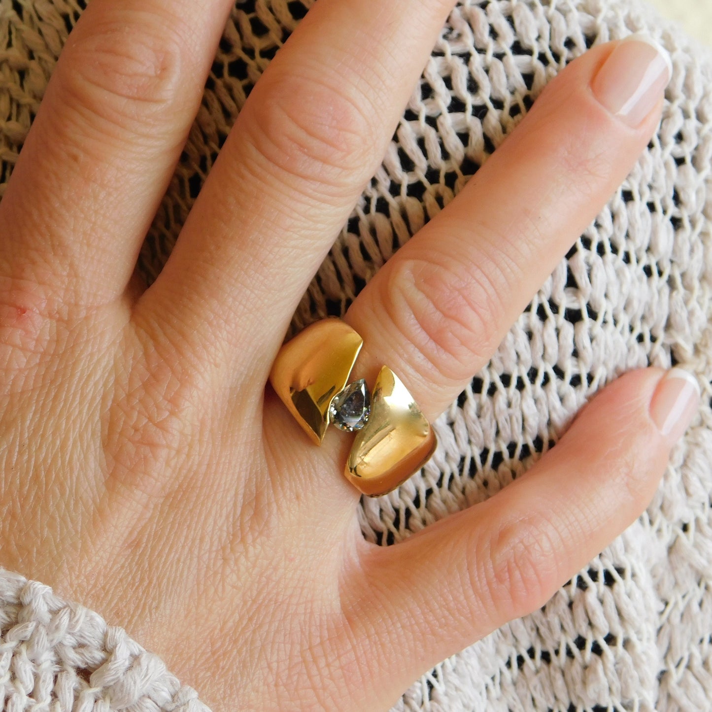 Wide Band Gray Moissanite Ring: Gold Dome Tension Setting