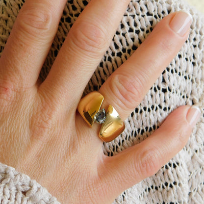 Wide Band Gray Moissanite Ring: Gold Dome Tension Setting