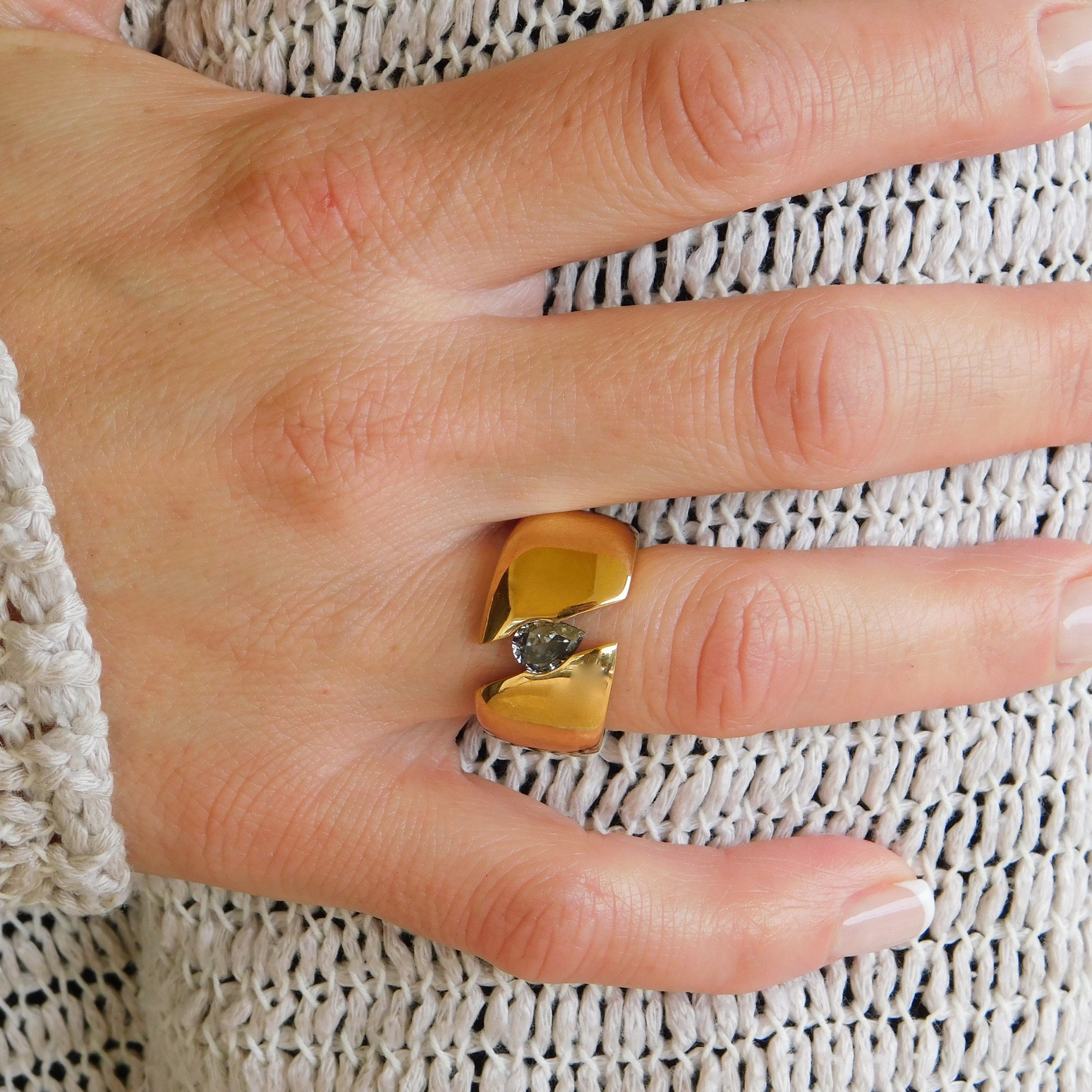 Wide Band Gray Moissanite Ring: Gold Dome Tension Setting