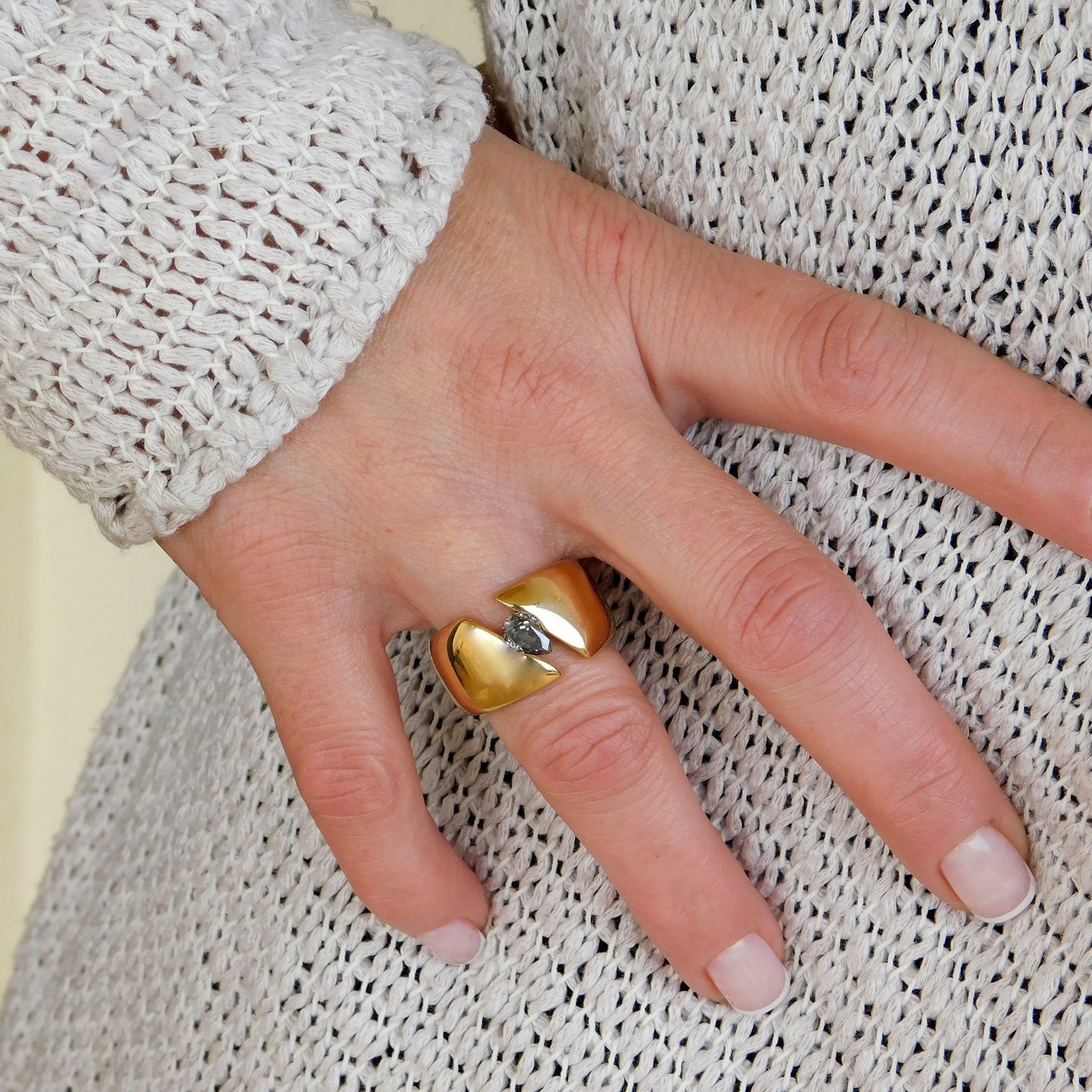Wide Band Gray Moissanite Ring: Gold Dome Tension Setting