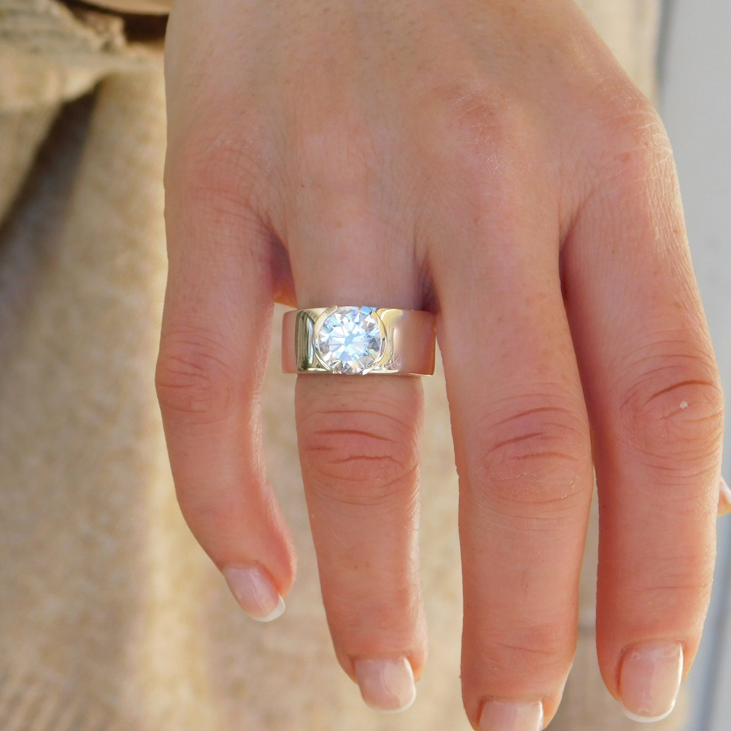 Moissanite Ring: Engagement Ring For Women, AG950 Silver Band, Half Bezel Setting