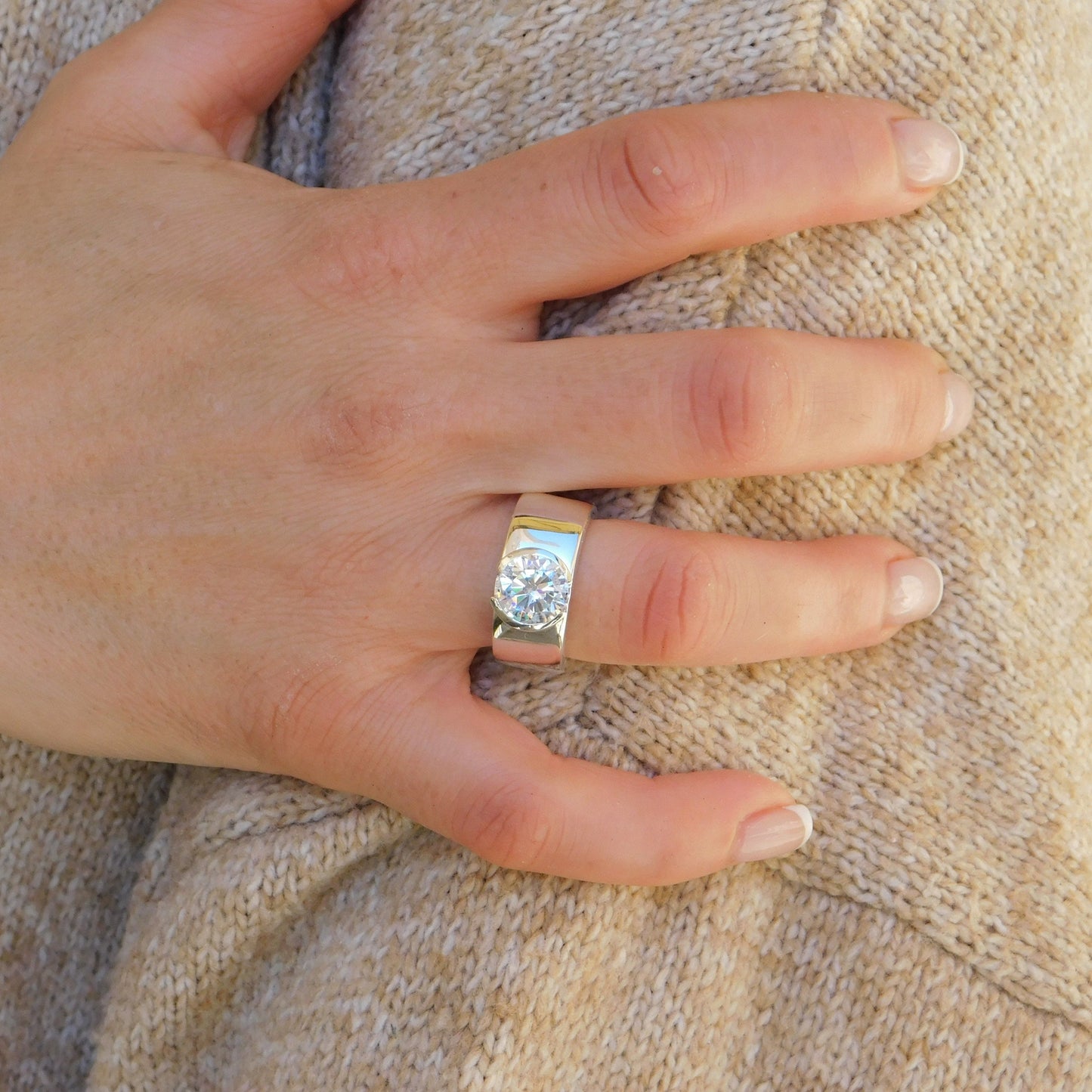Moissanite Ring: Engagement Ring For Women, AG950 Silver Band, Half Bezel Setting