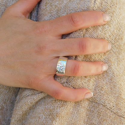 Moissanite Ring: Engagement Ring For Women, AG950 Silver Band, Half Bezel Setting