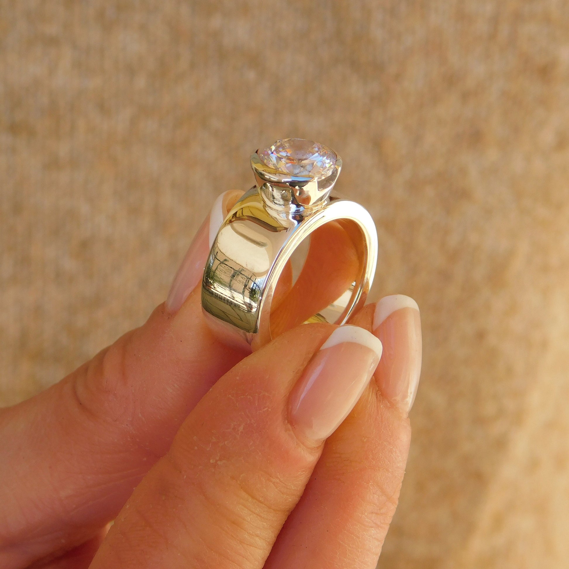 Moissanite Ring: Engagement Ring For Women, AG950 Silver Band, Half Bezel Setting