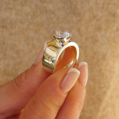 Moissanite Ring: Engagement Ring For Women, AG950 Silver Band, Half Bezel Setting