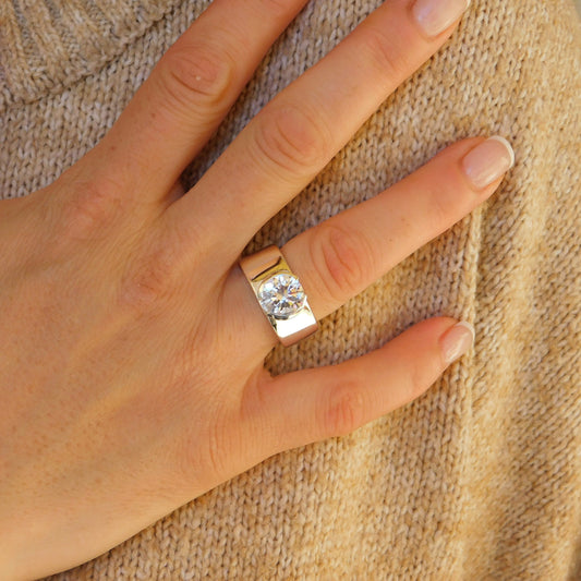 Moissanite Ring: Engagement Ring For Women, AG950 Silver Band, Half Bezel Setting