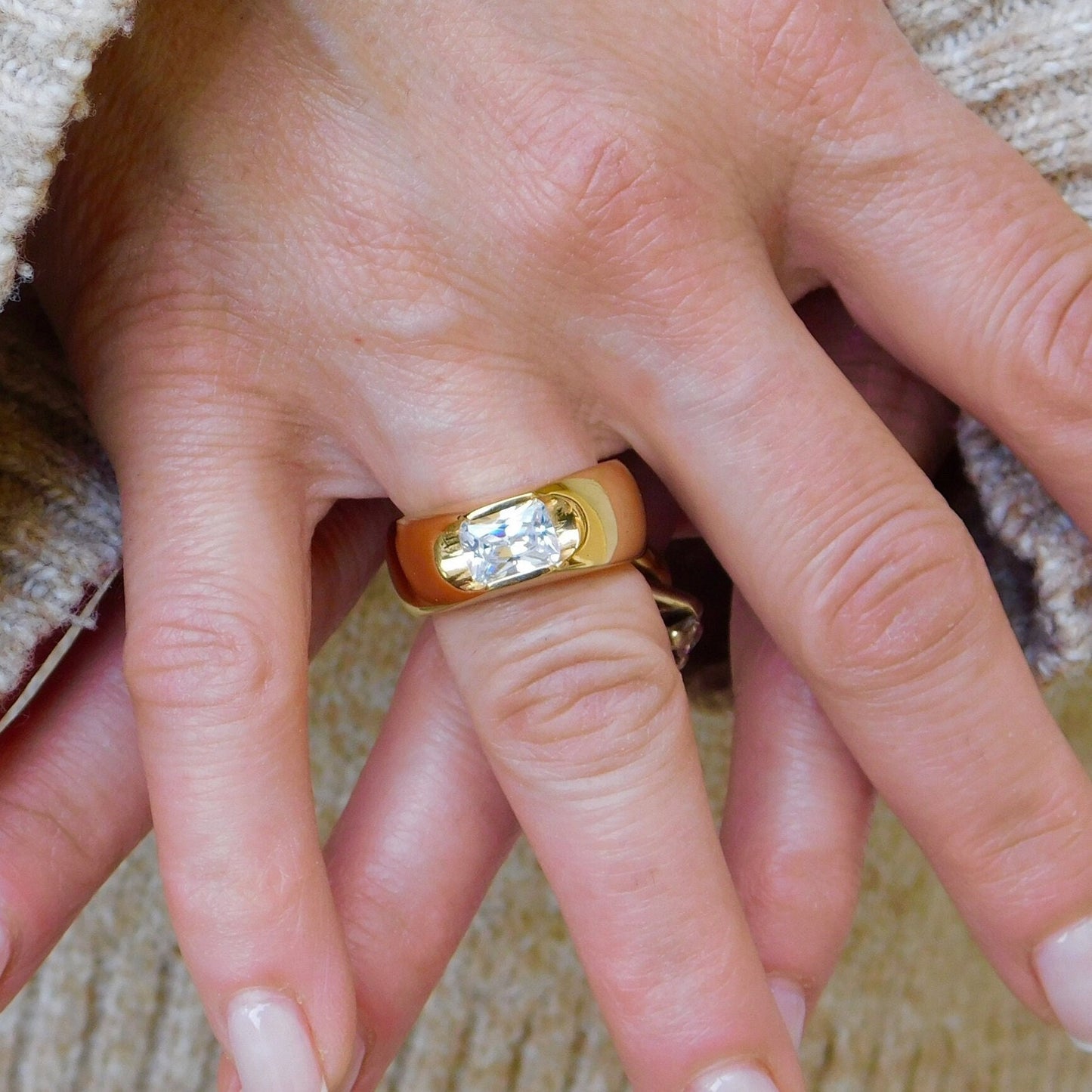 Emerald Cut CZ Gold Ring, Chunky Dome Statement Ring