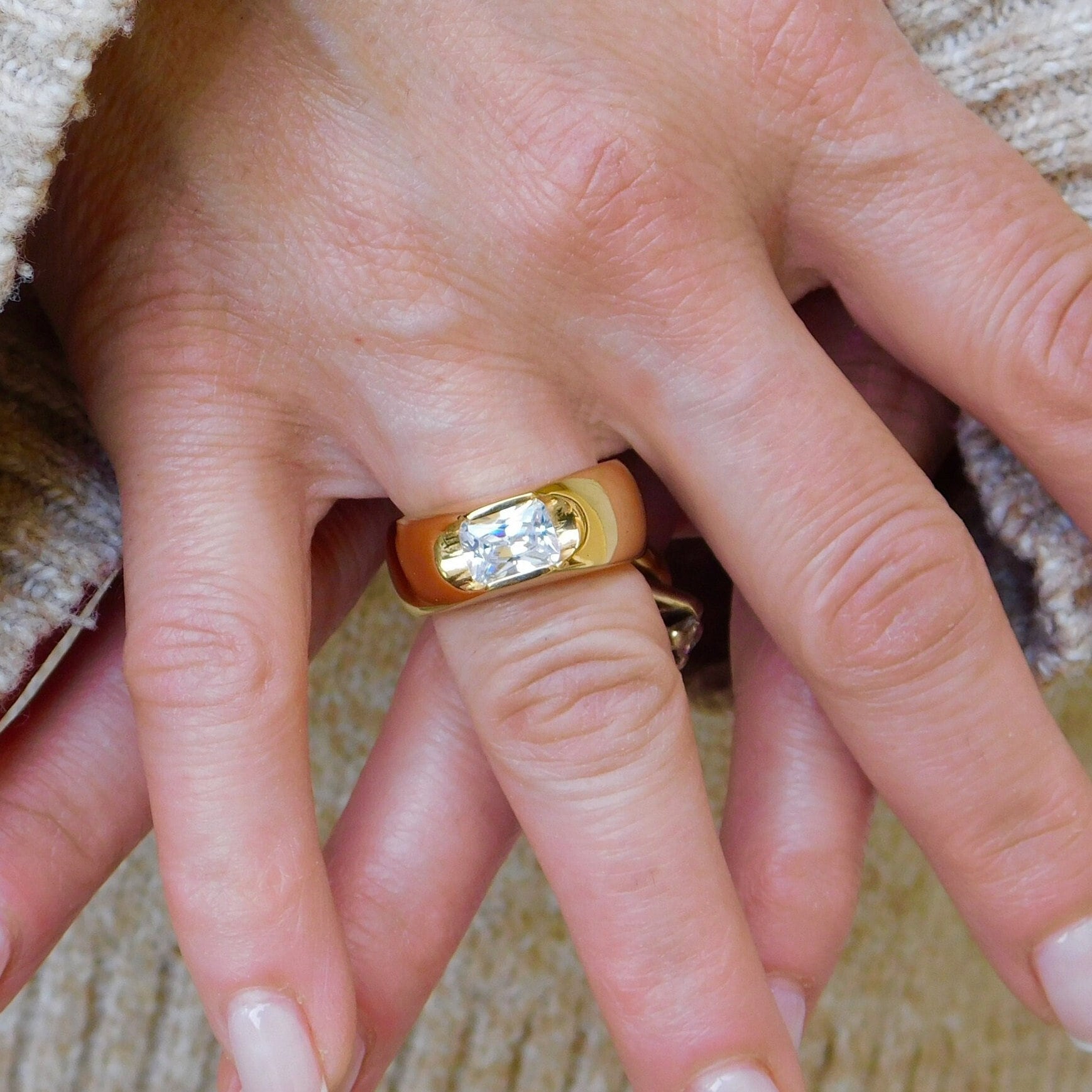Emerald Cut Engagement Ring, Dome Statement Ring Gold Tone