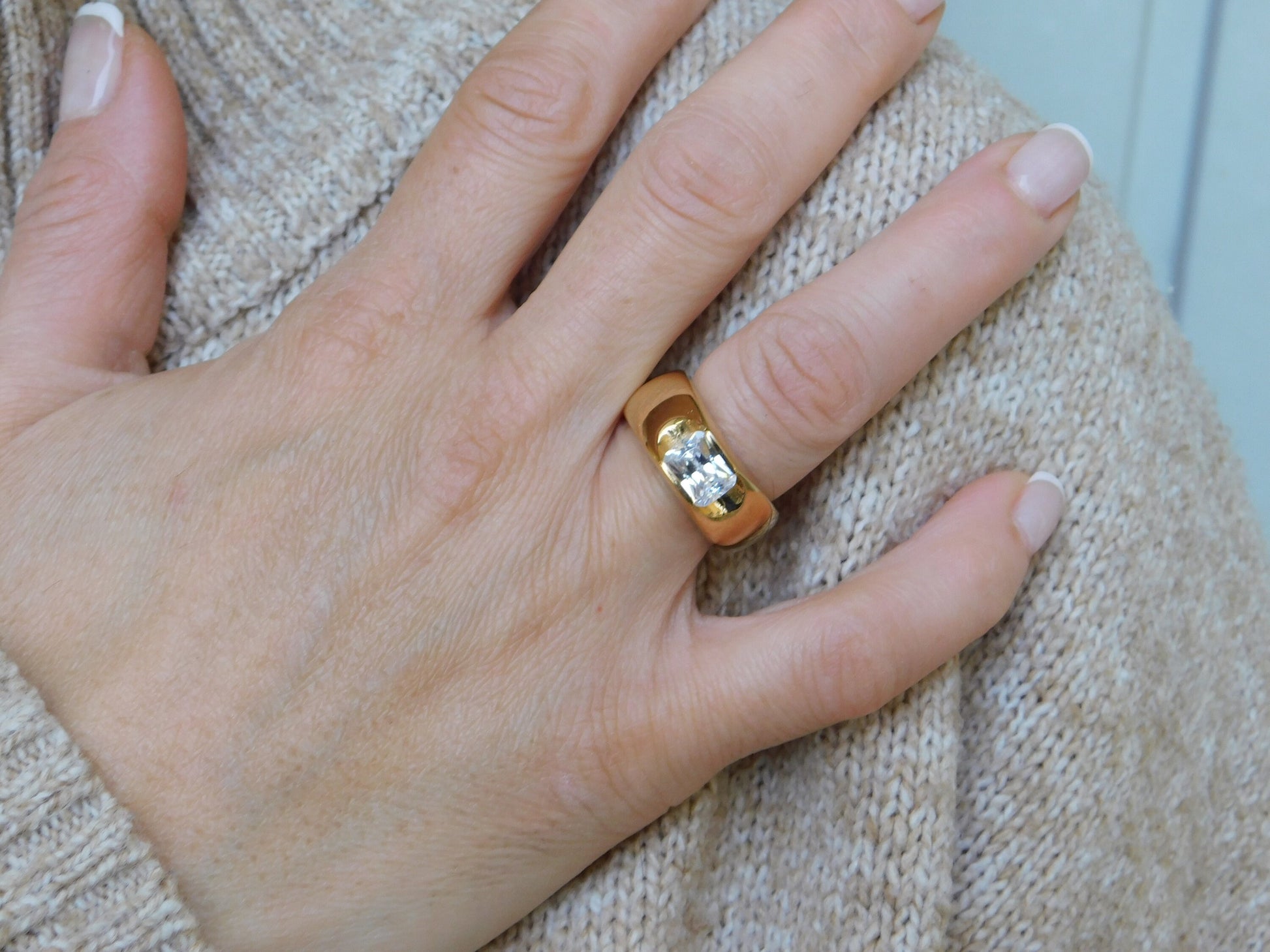 Emerald Cut CZ Gold Ring, Chunky Dome Statement Ring