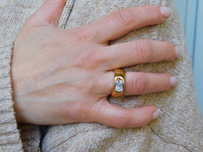 Emerald Cut CZ Gold Ring, Chunky Dome Statement Ring