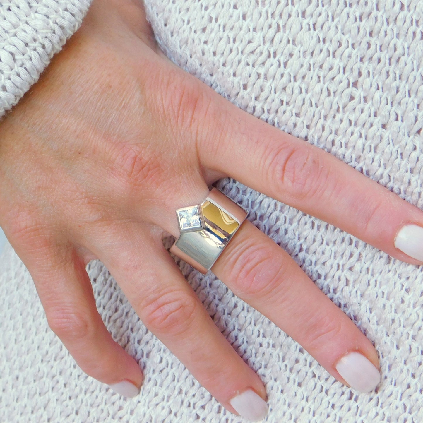 Princess Cut Moissanite Ring, Wide 950 Silver Wedding Band