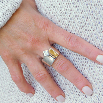 Princess Cut Moissanite Ring, Wide 950 Silver Wedding Band