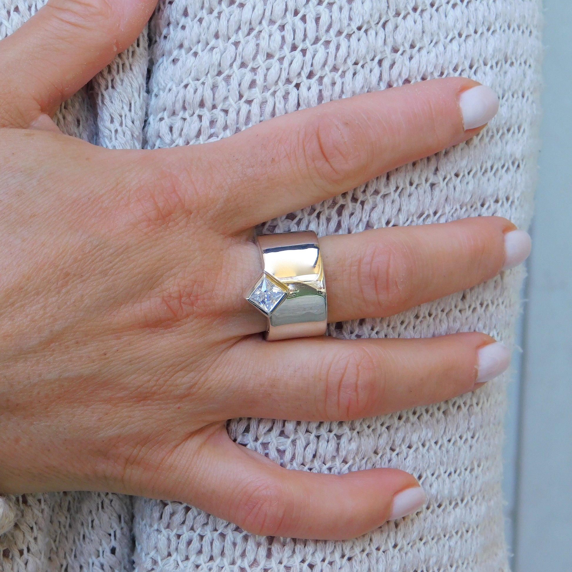 Princess Cut Moissanite Ring, Wide 950 Silver Wedding Band