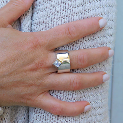 Princess Cut Moissanite Ring, Wide 950 Silver Wedding Band