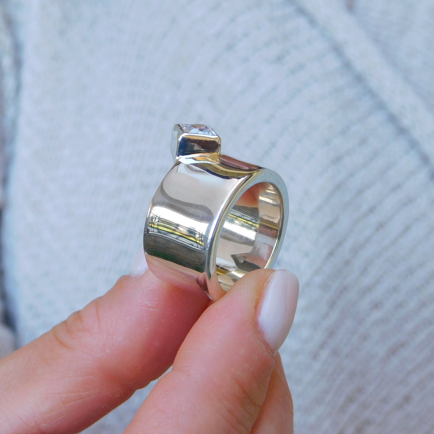 Princess Cut Moissanite Ring, Wide 950 Silver Wedding Band