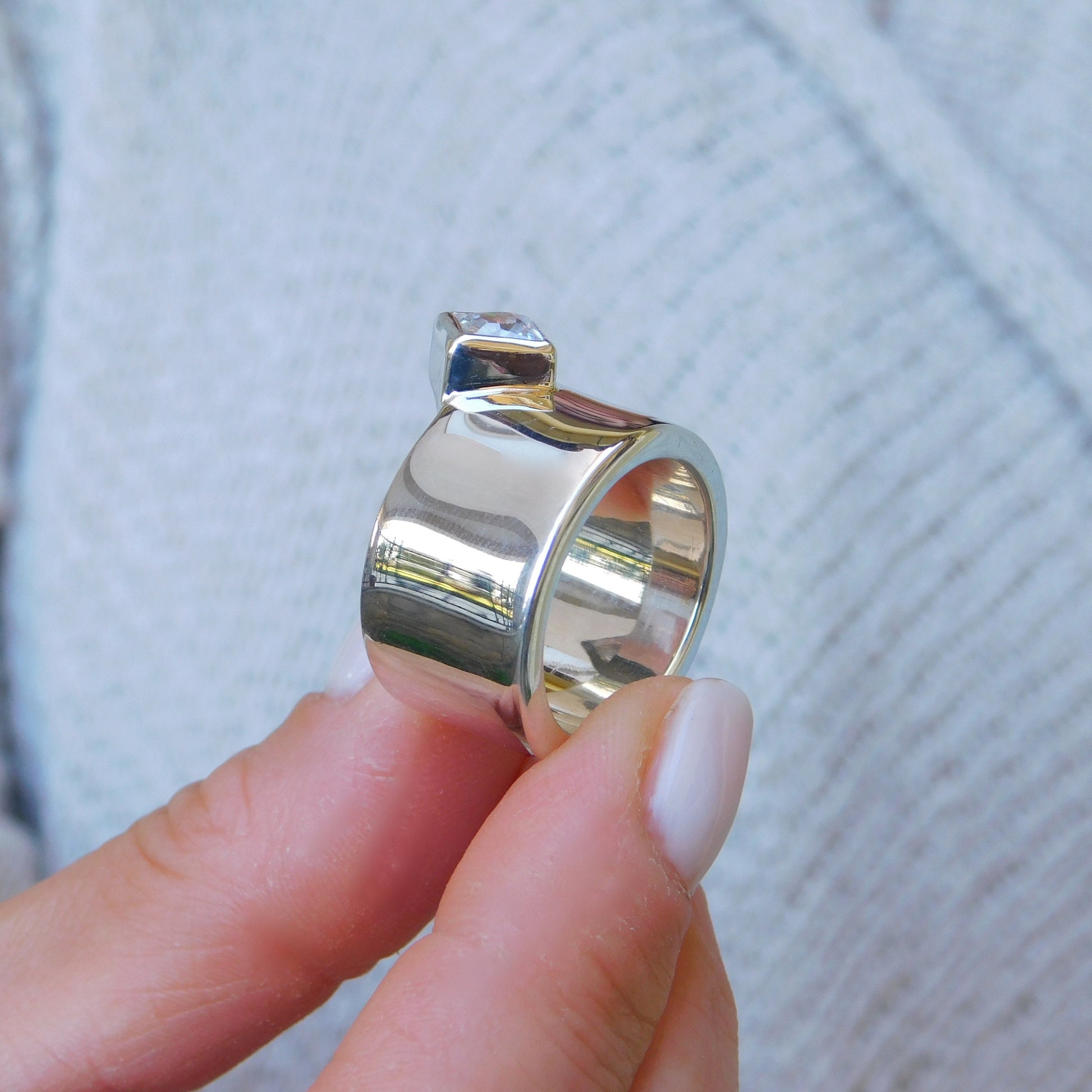 Princess Cut Moissanite Ring, Wide 950 Silver Wedding Band