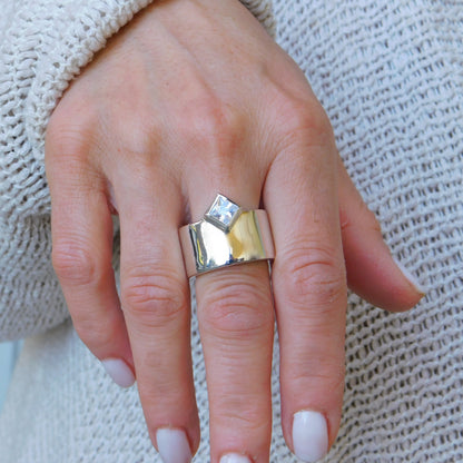 Princess Cut Moissanite Ring, Wide 950 Silver Wedding Band