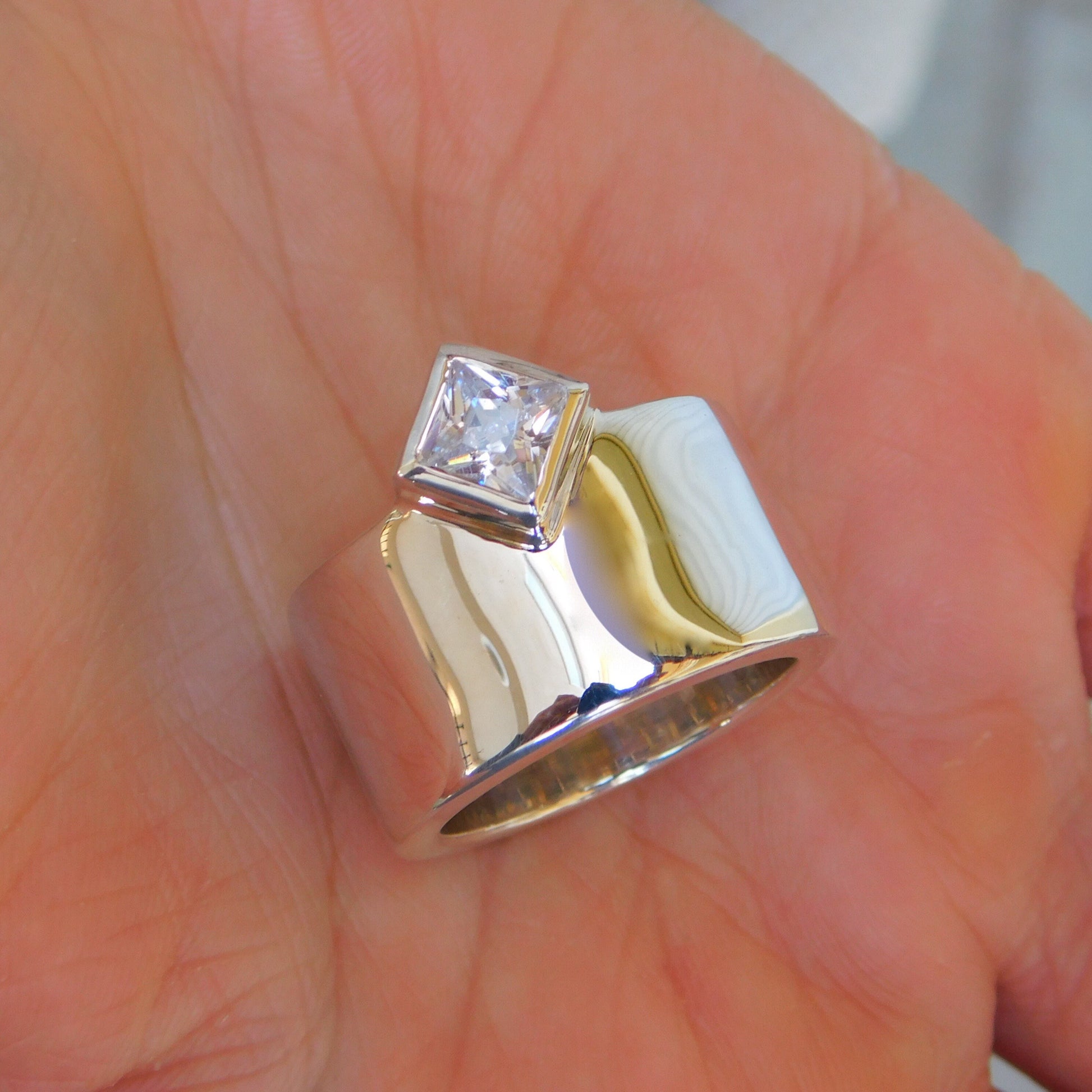 Princess Cut Moissanite Ring, Wide 950 Silver Wedding Band