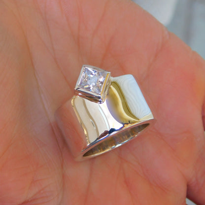 Princess Cut Moissanite Ring, Wide 950 Silver Wedding Band