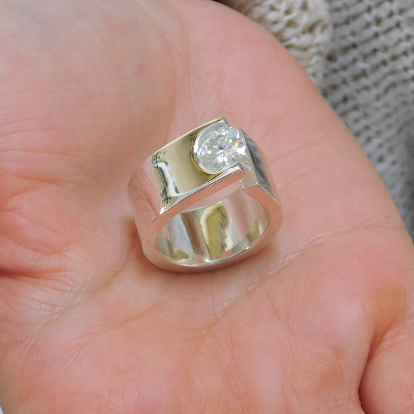 Statement Ring: Moissanite Solitaire Ring, Ag950 Silver Offset Design