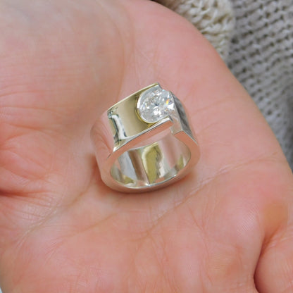 Statement Ring: Moissanite Solitaire Ring, Ag950 Silver Offset Design