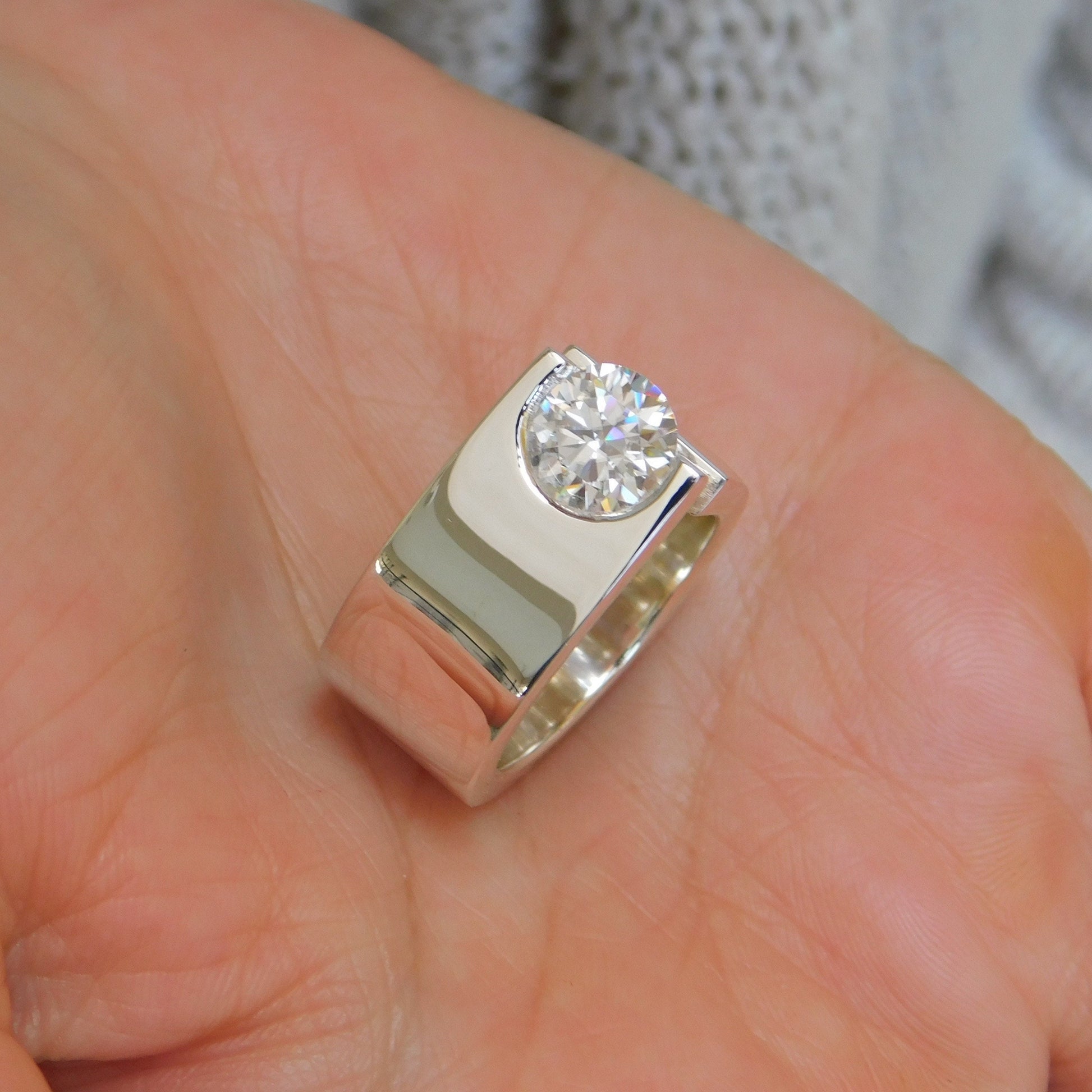 Statement Ring: Moissanite Solitaire Ring, Ag950 Silver Offset Design