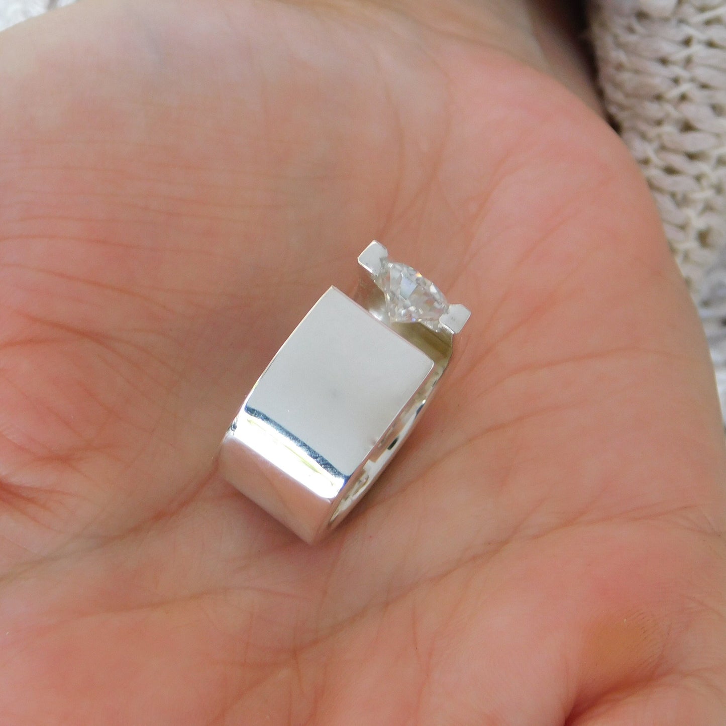 Statement Ring: Moissanite Solitaire Ring, Ag950 Silver Offset Design