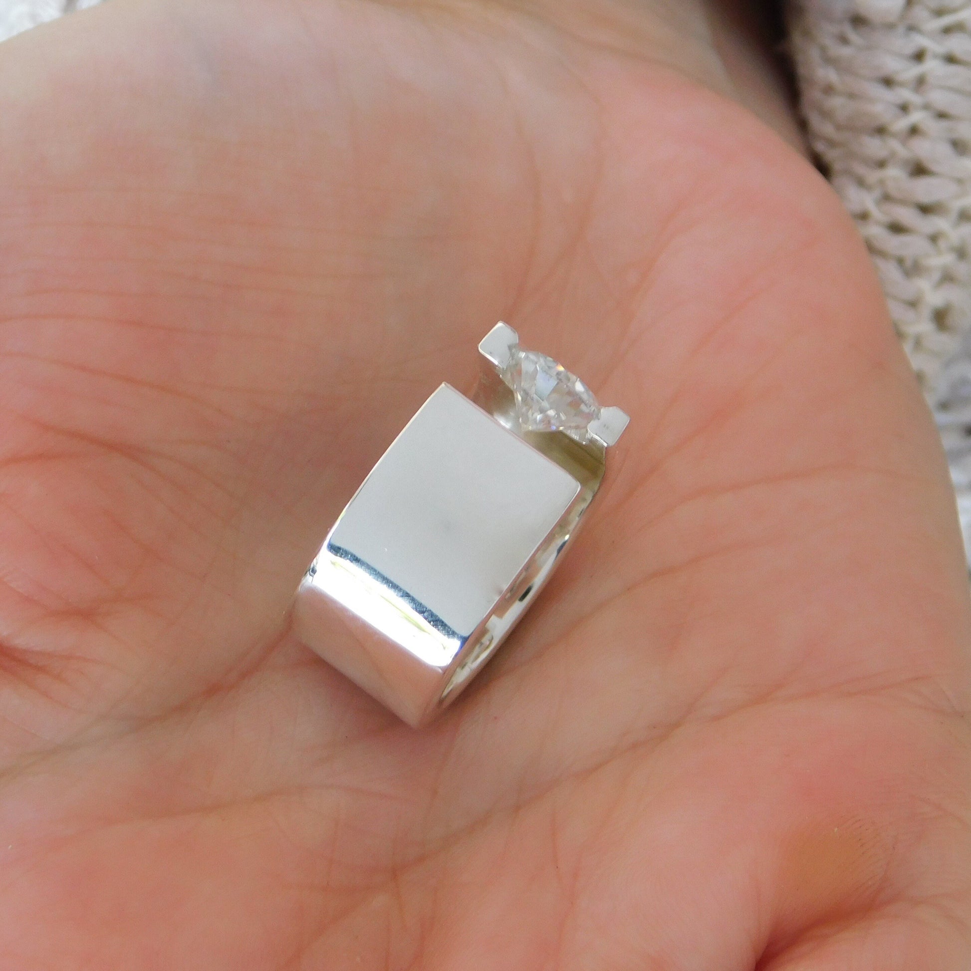 Statement Ring: Moissanite Solitaire Ring, Ag950 Silver Offset Design