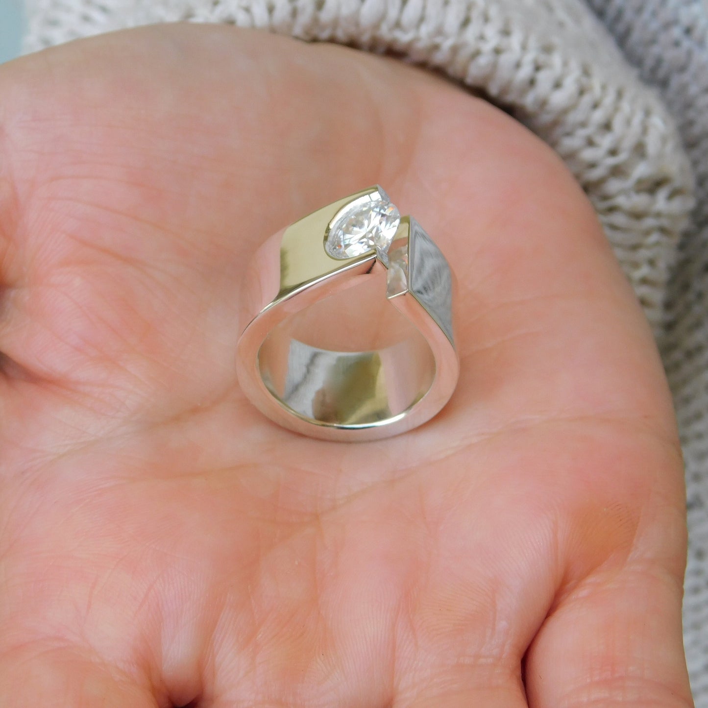 Statement Ring: Moissanite Solitaire Ring, Ag950 Silver Offset Design
