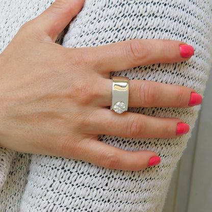 Statement Ring: Moissanite Solitaire Ring, Ag950 Silver Offset Design