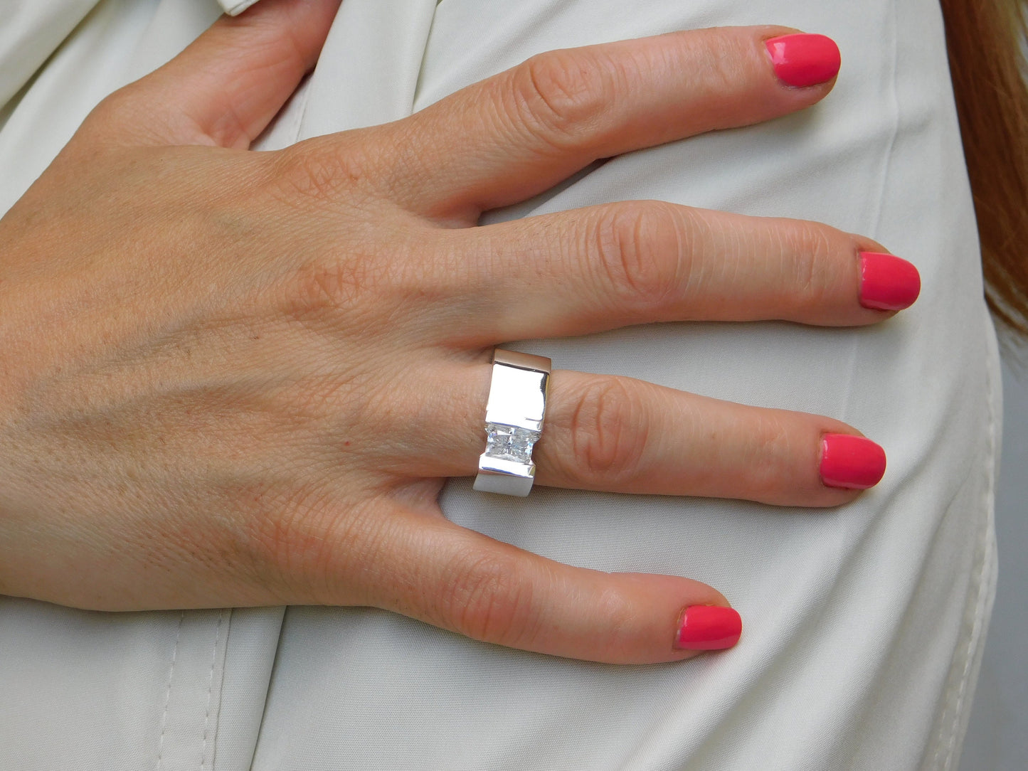 Silver Solitaire ring: Moissanite Tension Setting Statement Ring