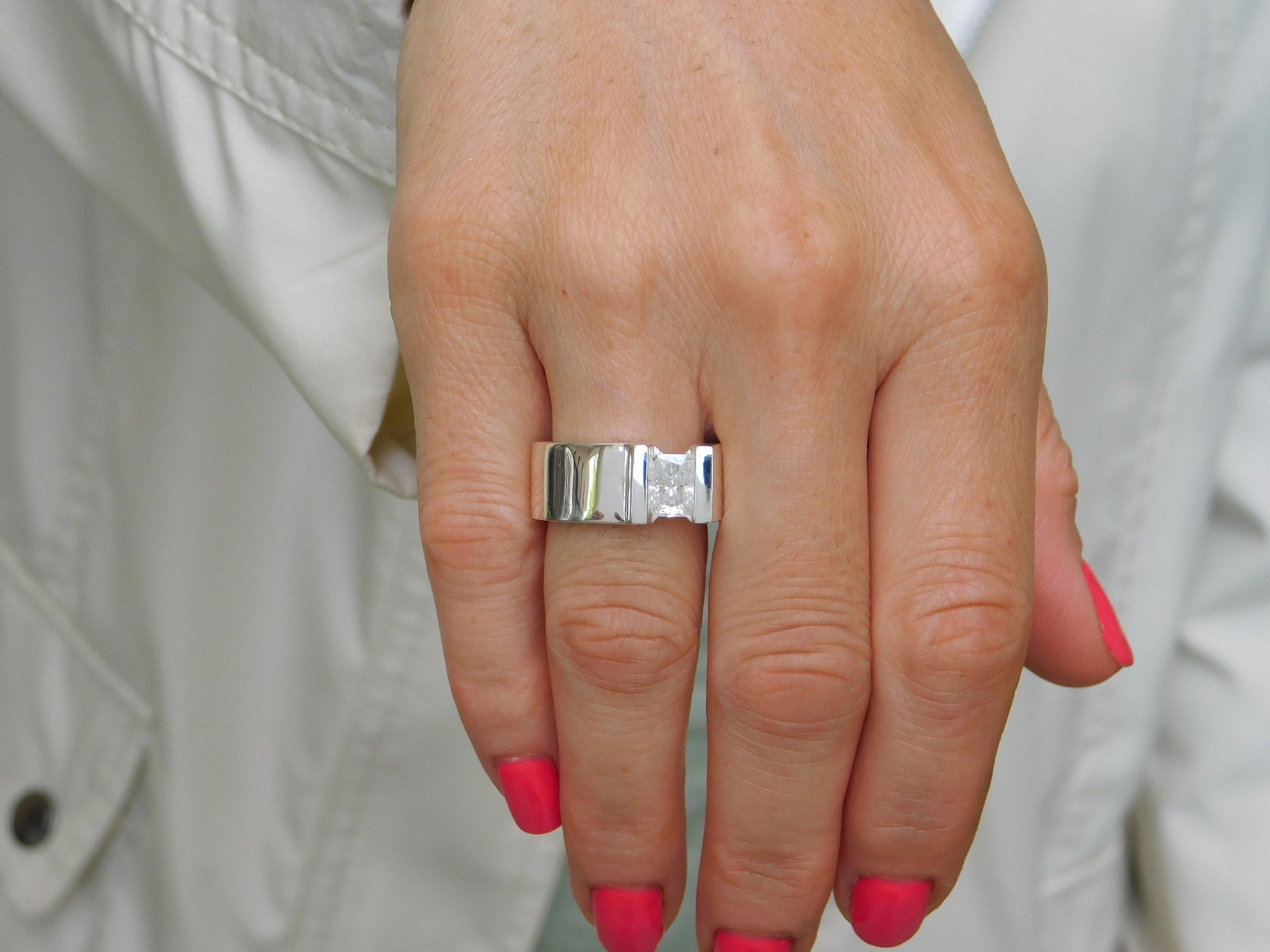 Silver Solitaire ring: Moissanite Tension Setting Statement Ring