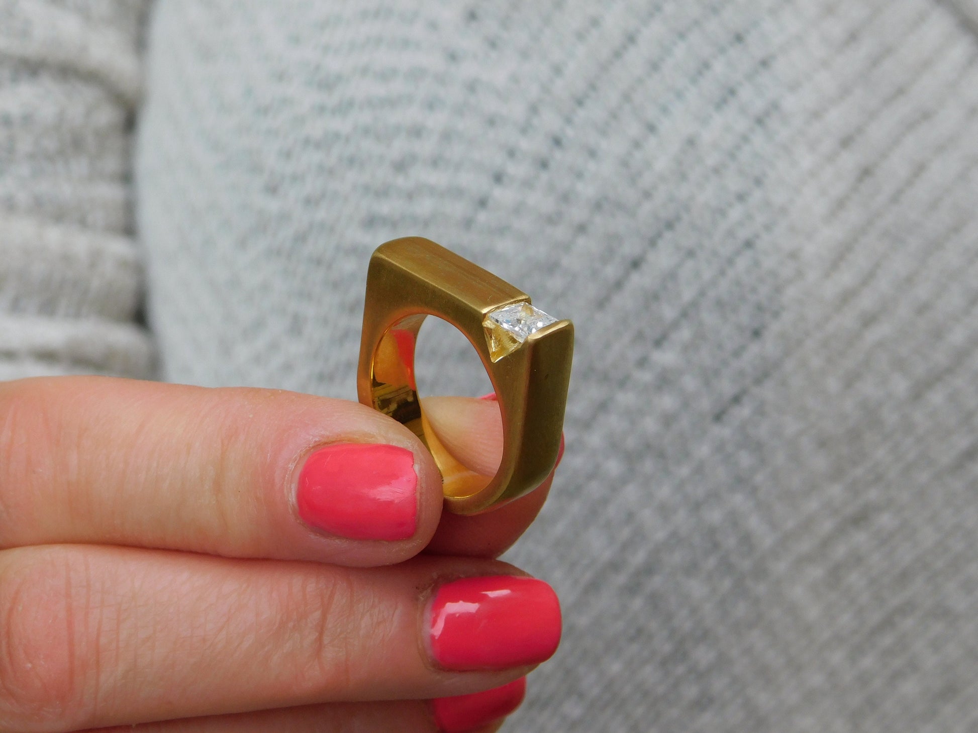 Princess Cut Moissanite Ring, Gold Plated Statement Ring