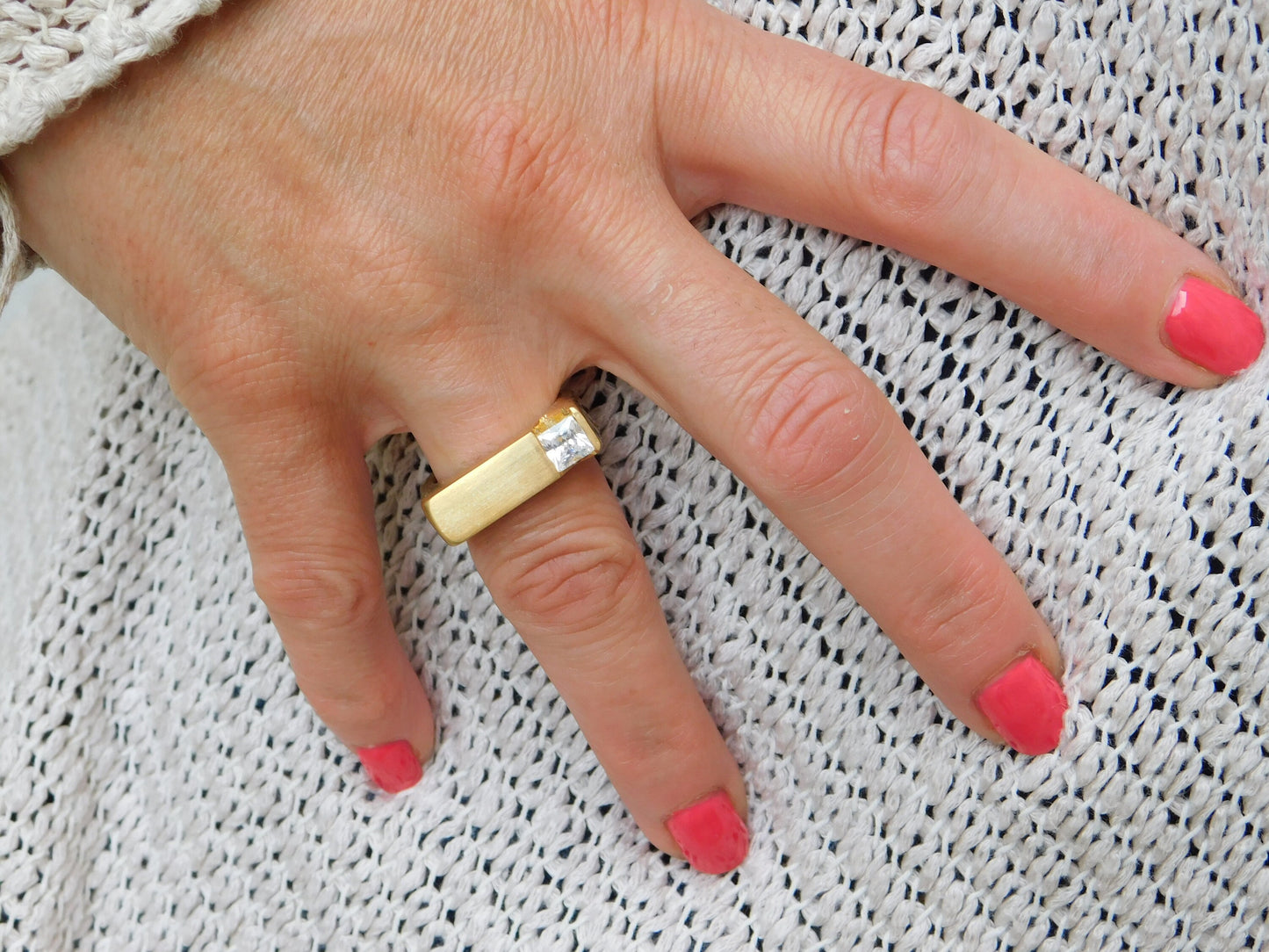 Princess Cut Moissanite Ring, Gold Plated Statement Ring