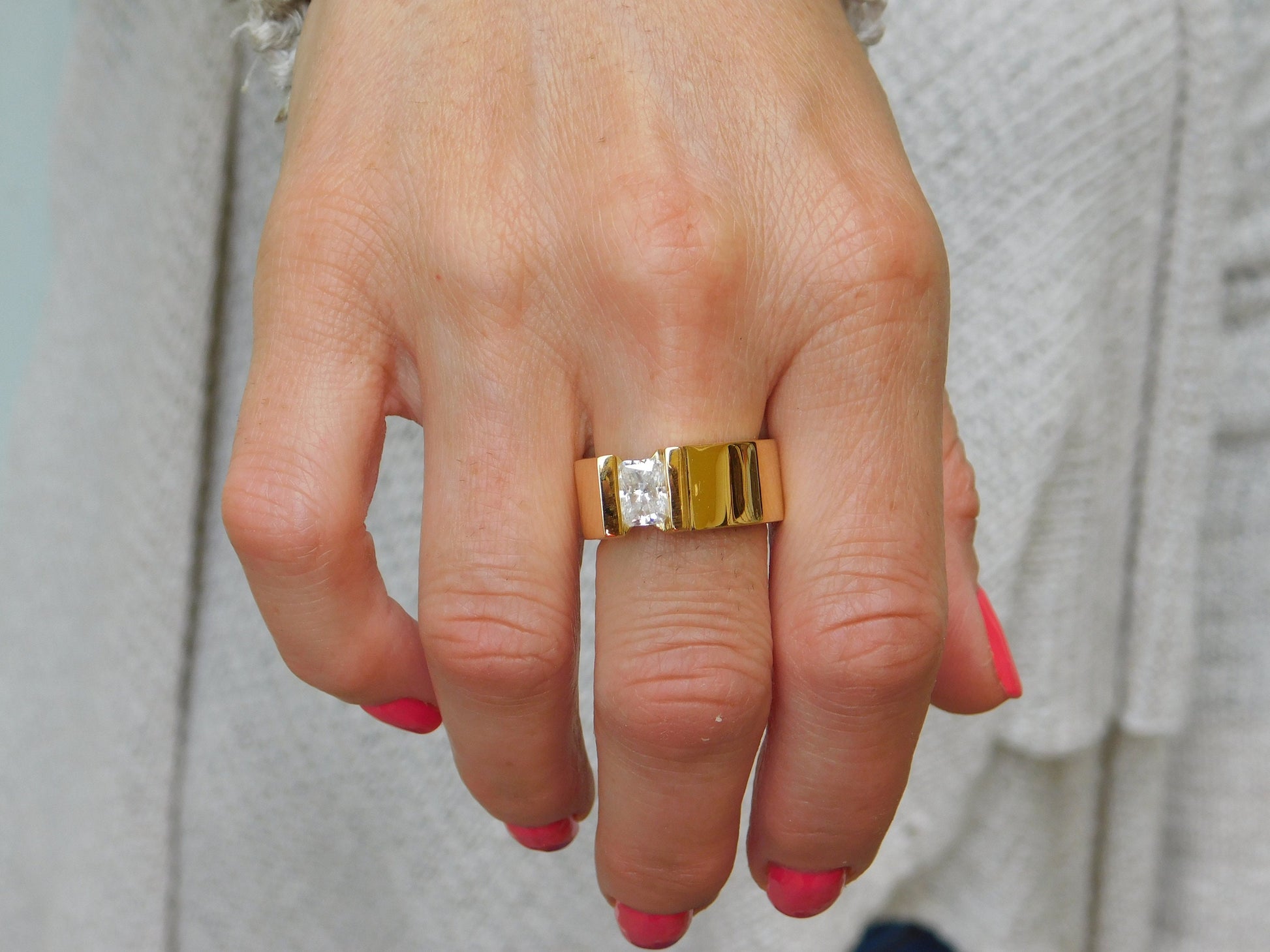 Tension Set Moissanite Engagement Ring, Gold Plated Solitaire, Radiant Cut Stone