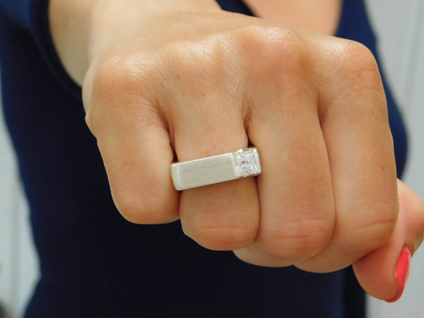 Square Silver Ring, Princess Cut Moissanite Tension Setting, Minimalist Statement Band