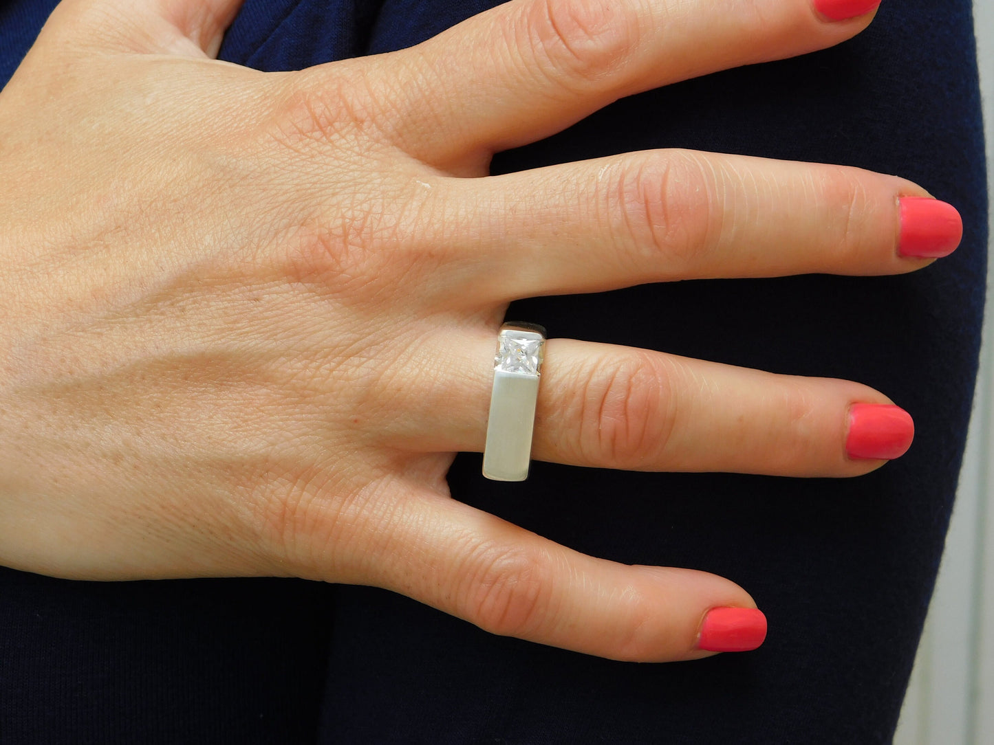 Square Silver Ring, Princess Cut Moissanite Tension Setting, Minimalist Statement Band